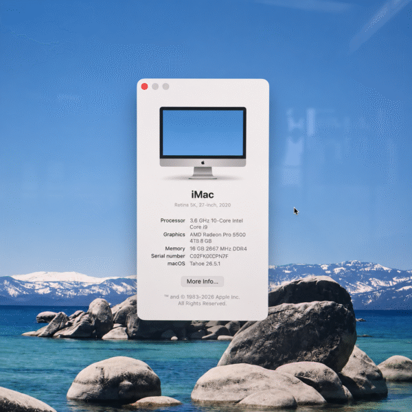 01-3 Apple iMac 27-inch Retina 5K i9 (2020) β Intel Core i9 | 16GB RAM LPDDR4 | 1TB PCIe SSD | macOS Tahoe